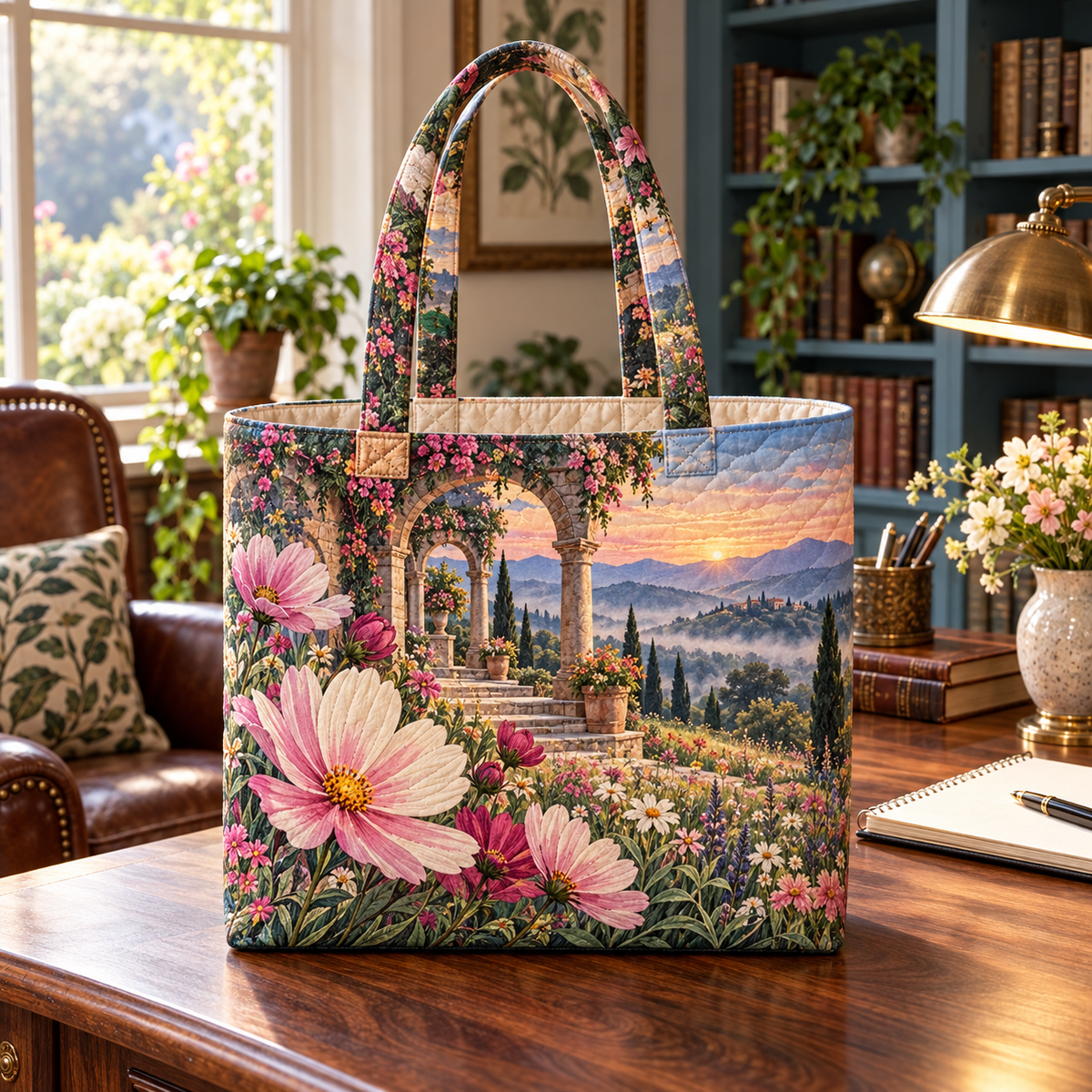 Cosmos Writing Retreat Quilted Tote Bag with flat printed cosmos writing retreat artwork in a complete use setting