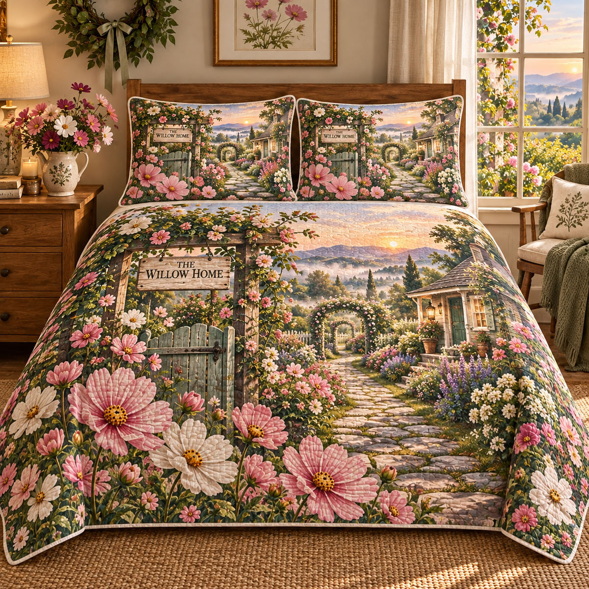 Cosmos Welcome Garden Quilted Bedding Set with flat printed cosmos cottage gate artwork and sample household name