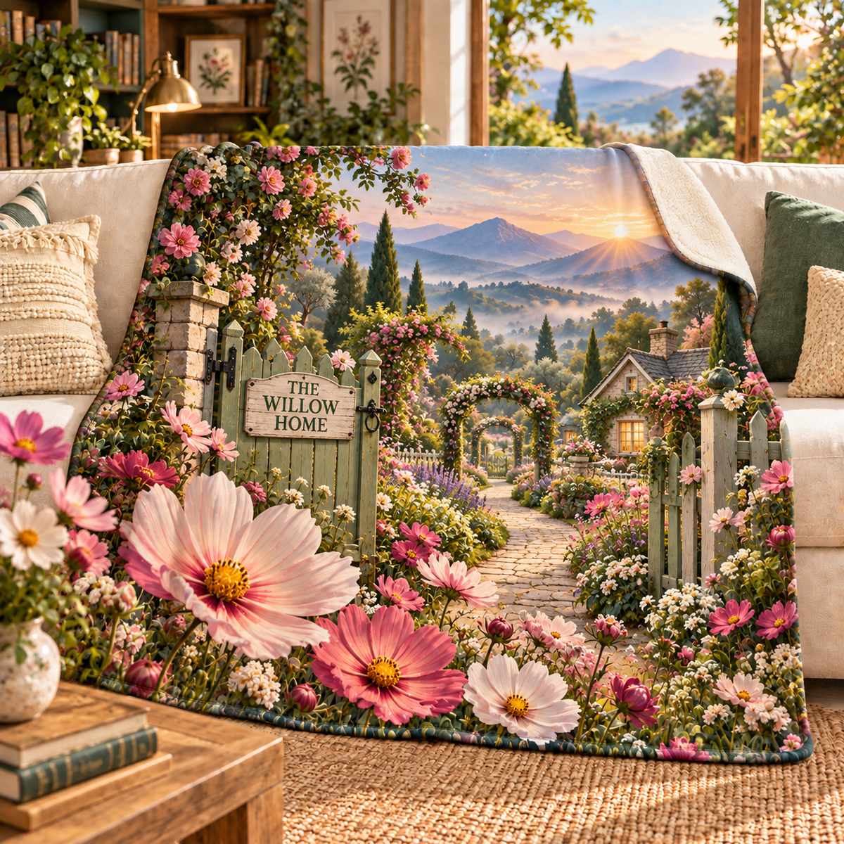Cosmos Welcome Garden Sherpa & Fleece Blanket with flat printed cosmos cottage gate artwork and sample household name