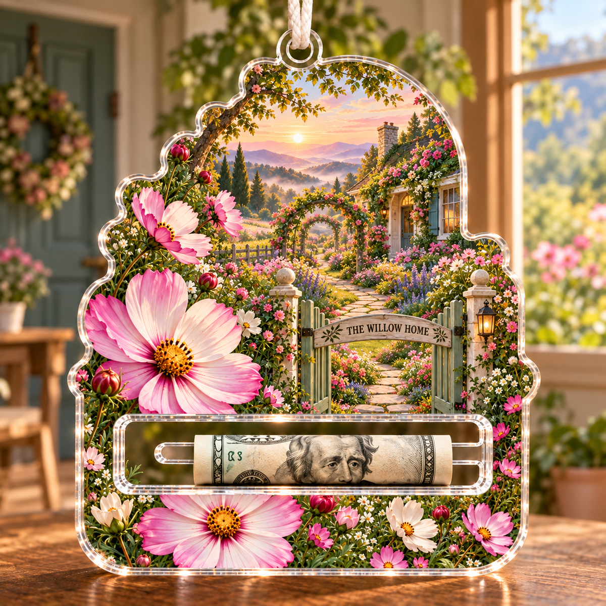 Cosmos Welcome Garden Acrylic Cash Holder Ornament with flat printed cosmos cottage gate artwork and sample household name