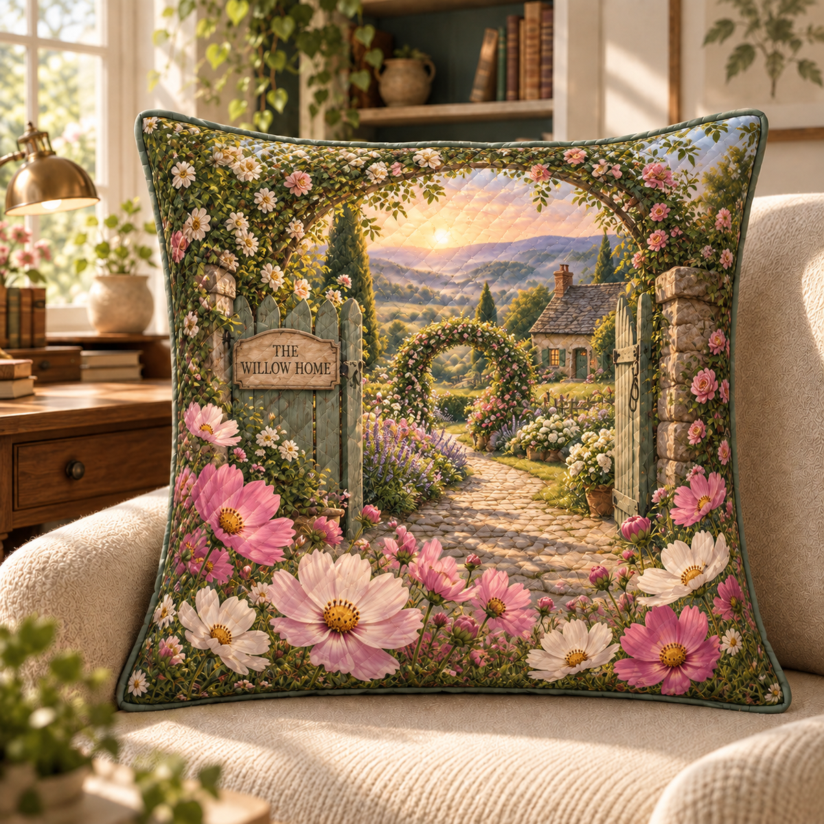 Cosmos Welcome Garden Quilted Cushion Cover with flat printed cosmos cottage gate artwork and sample household name