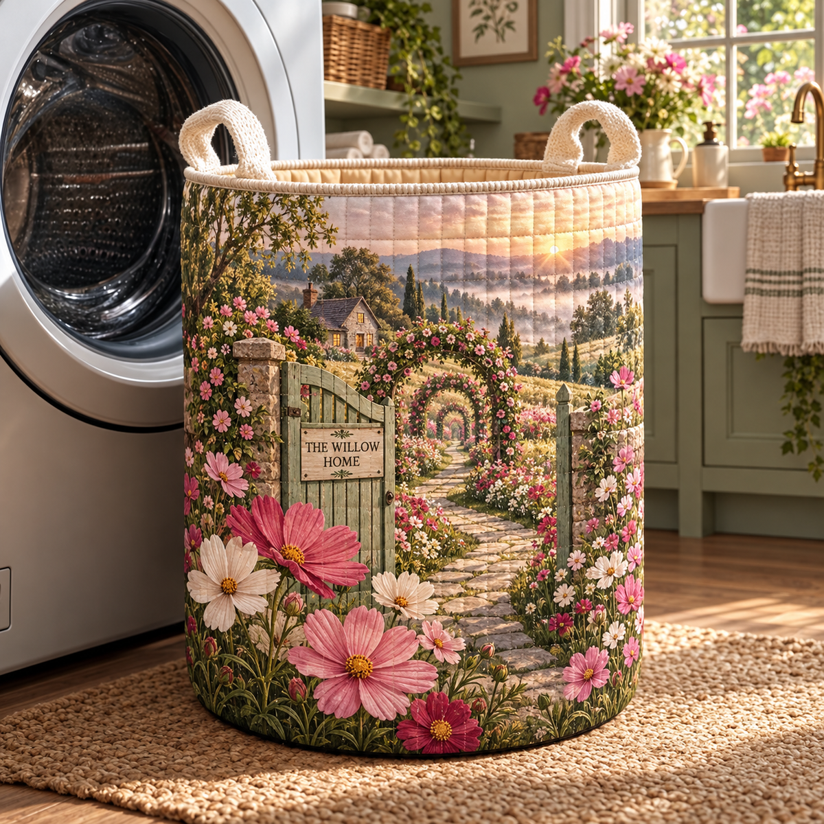 Cosmos Welcome Garden Laundry Hamper with flat printed cosmos cottage gate artwork and sample household name
