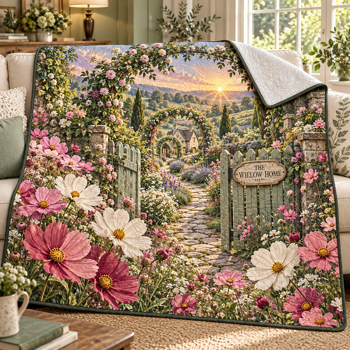 Cosmos Welcome Garden Quilt Blanket with flat printed cosmos cottage gate artwork and sample household name