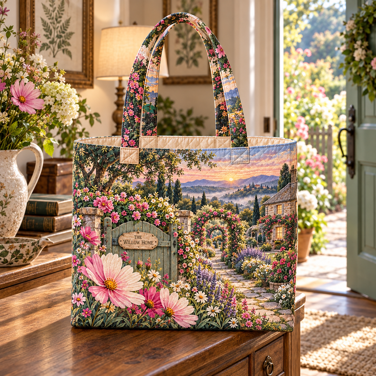 Cosmos Welcome Garden Quilted Tote Bag with flat printed cosmos cottage gate artwork and sample household name