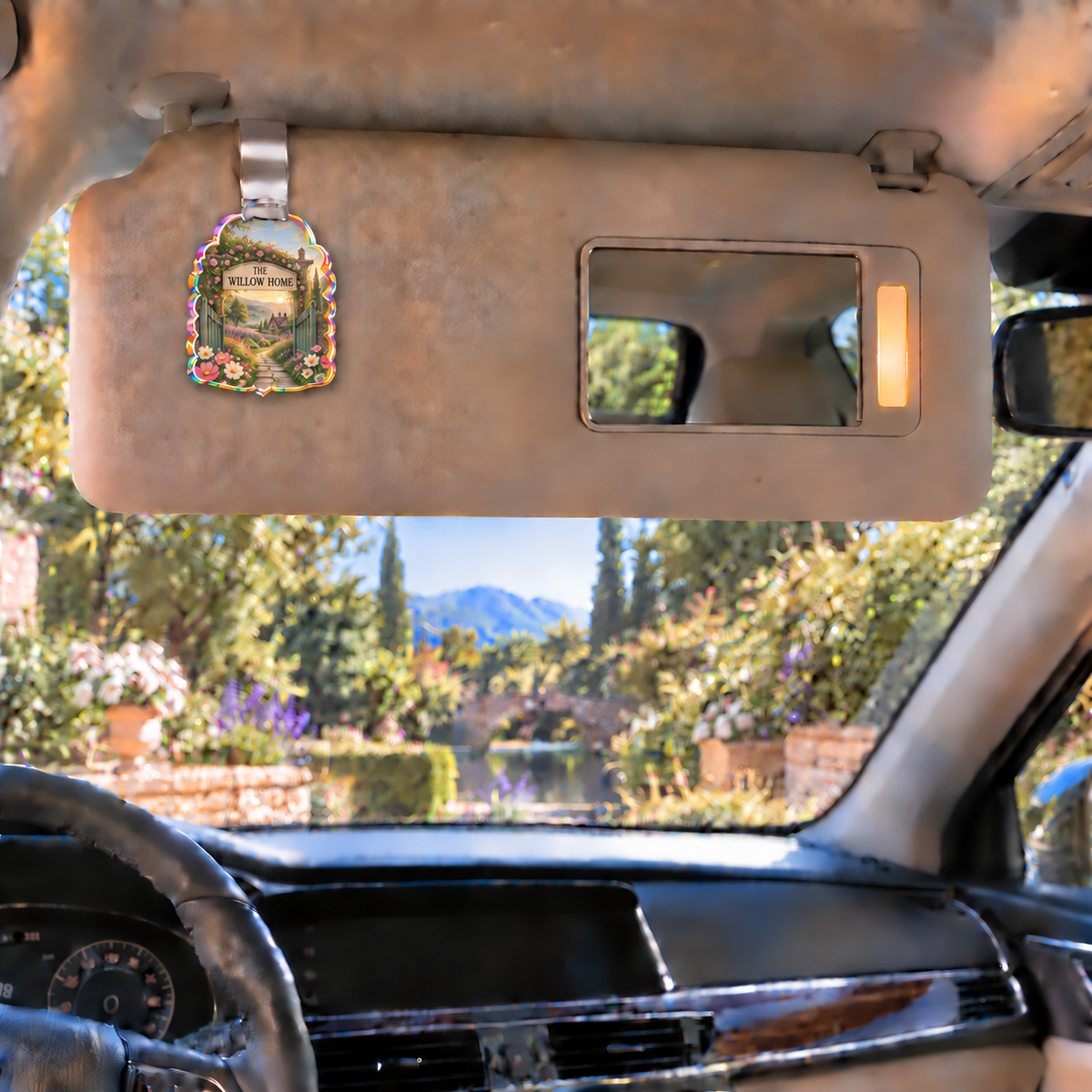 Cosmos Welcome Garden Holographic Car Visor Clip with flat printed cosmos cottage gate artwork and sample household name
