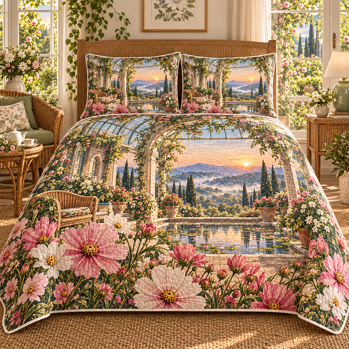 Cosmos Quiet Conservatory Quilted Bedding Set with flat printed cosmos quiet conservatory artwork in a complete use setting