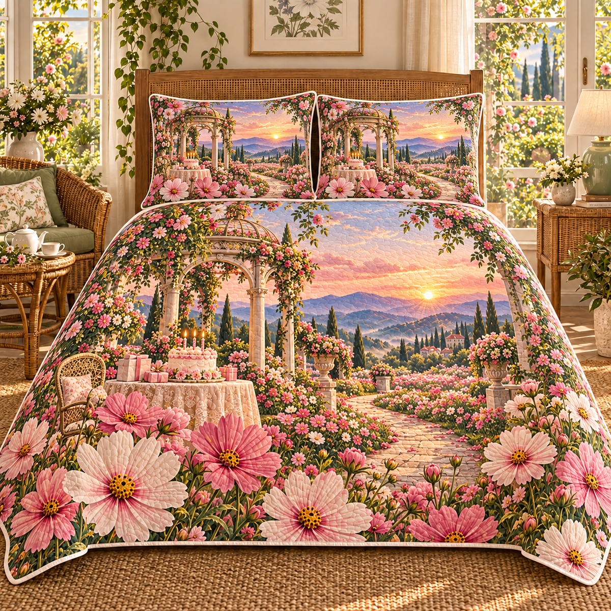 Cosmos Birthday Pavilion Quilted Bedding Set with flat printed cosmos birthday pavilion artwork in a complete use setting