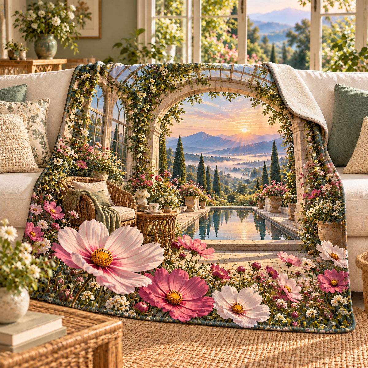 Cosmos Quiet Conservatory Sherpa & Fleece Blanket with flat printed cosmos quiet conservatory artwork in a complete use setting