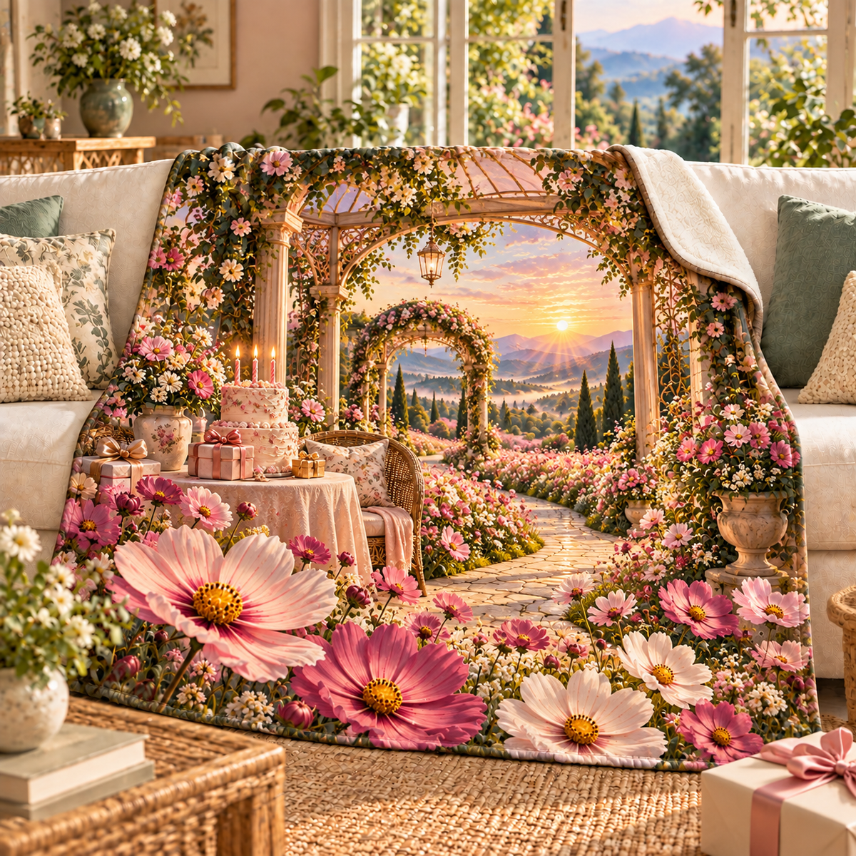 Cosmos Birthday Pavilion Sherpa & Fleece Blanket with flat printed cosmos birthday pavilion artwork in a complete use setting