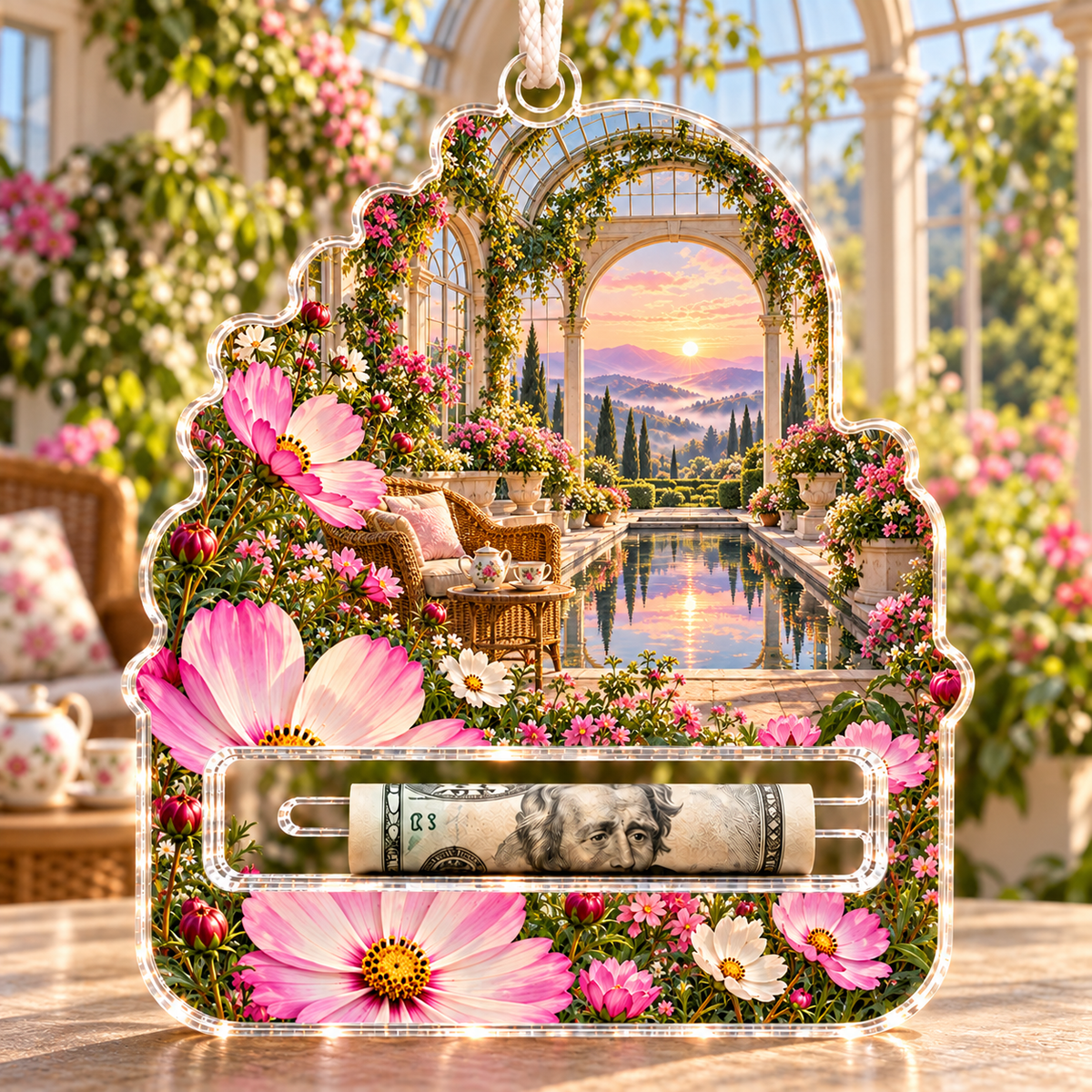 Cosmos Quiet Conservatory Acrylic Cash Holder Ornament with flat printed cosmos quiet conservatory artwork in a complete use setting