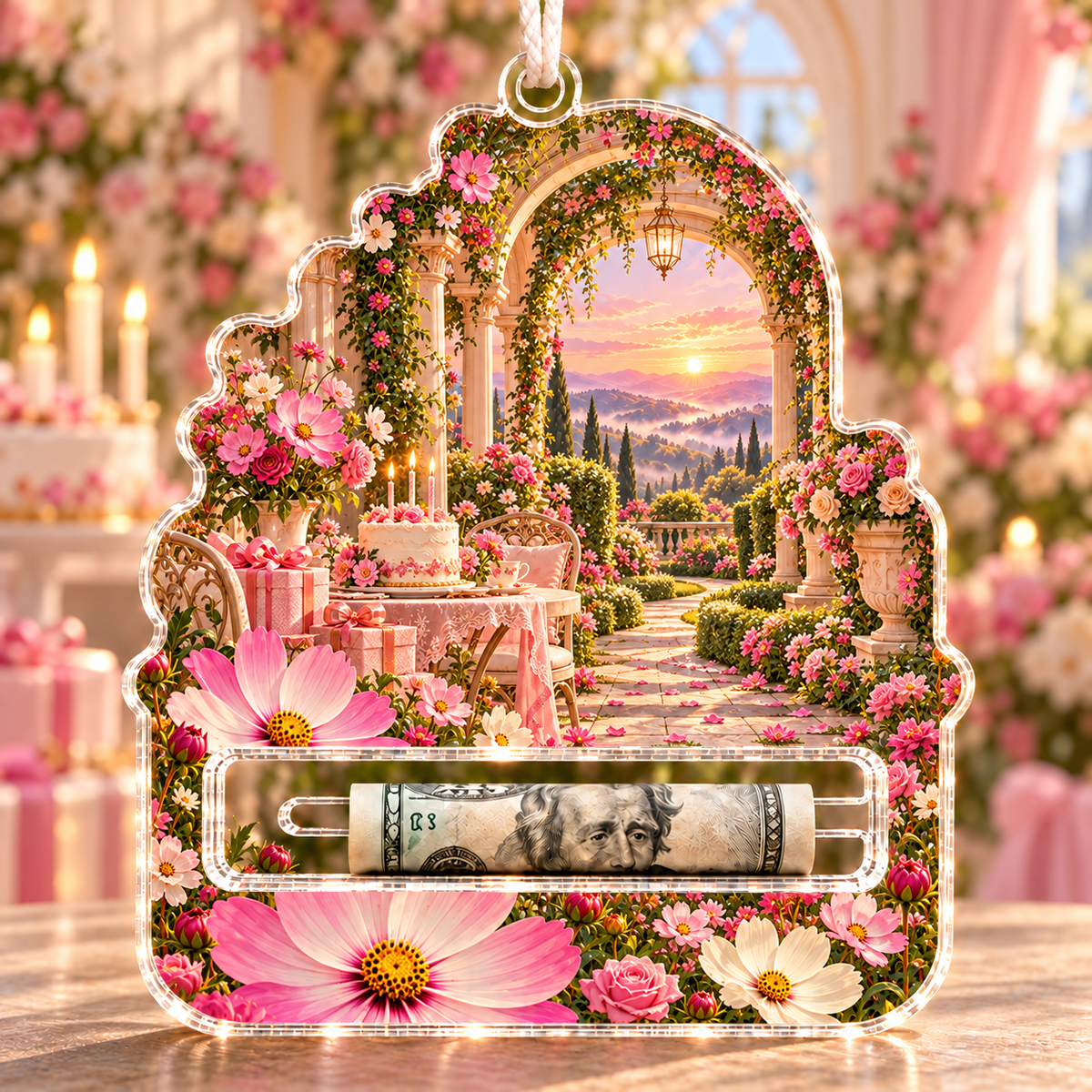 Cosmos Birthday Pavilion Acrylic Cash Holder Ornament with flat printed cosmos birthday pavilion artwork in a complete use setting