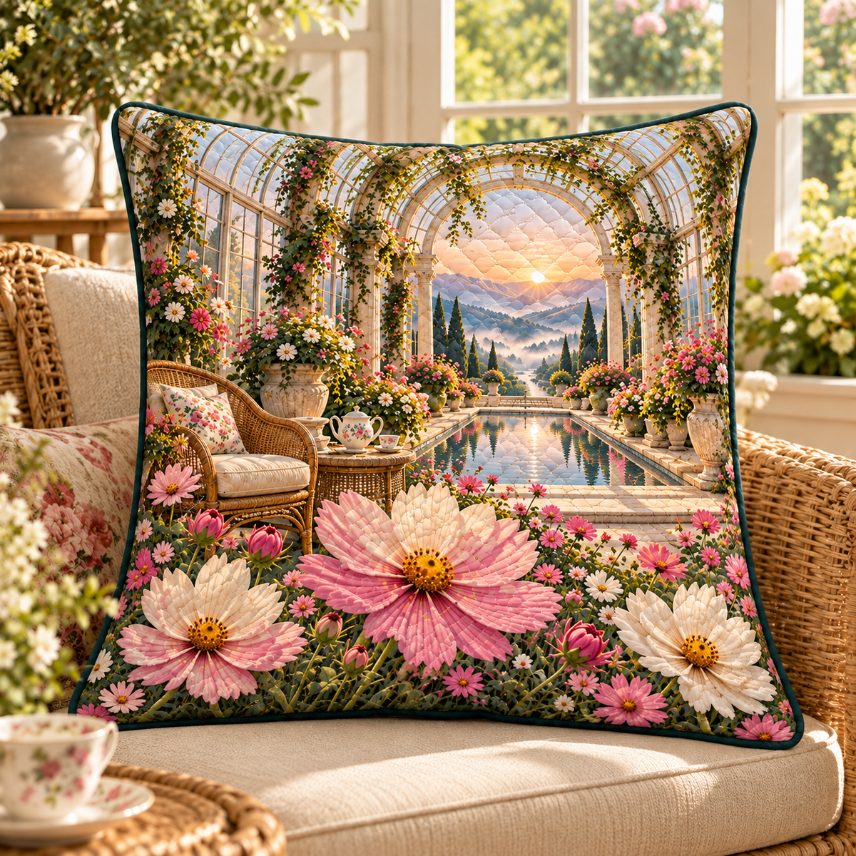 Cosmos Quiet Conservatory Quilted Cushion Cover with flat printed cosmos quiet conservatory artwork in a complete use setting