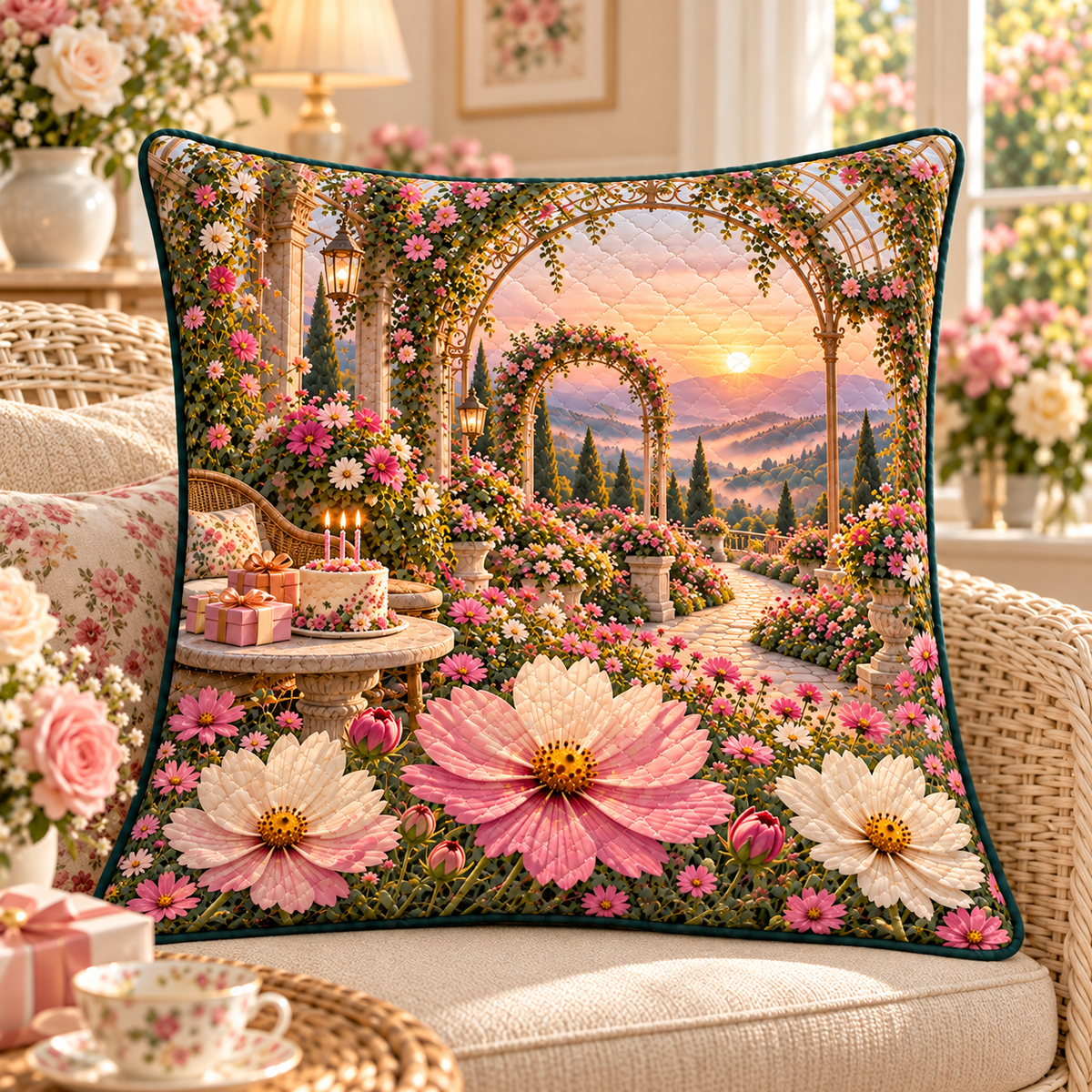 Cosmos Birthday Pavilion Quilted Cushion Cover with flat printed cosmos birthday pavilion artwork in a complete use setting