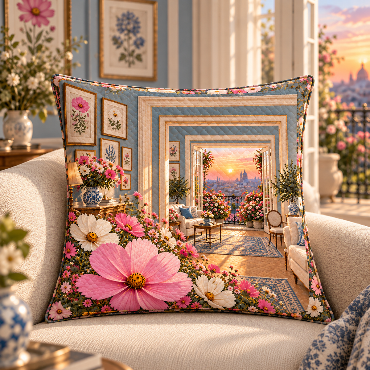 Cosmos Gallery Balcony Quilted Cushion Cover with flat printed cosmos gallery balcony artwork in a complete use setting