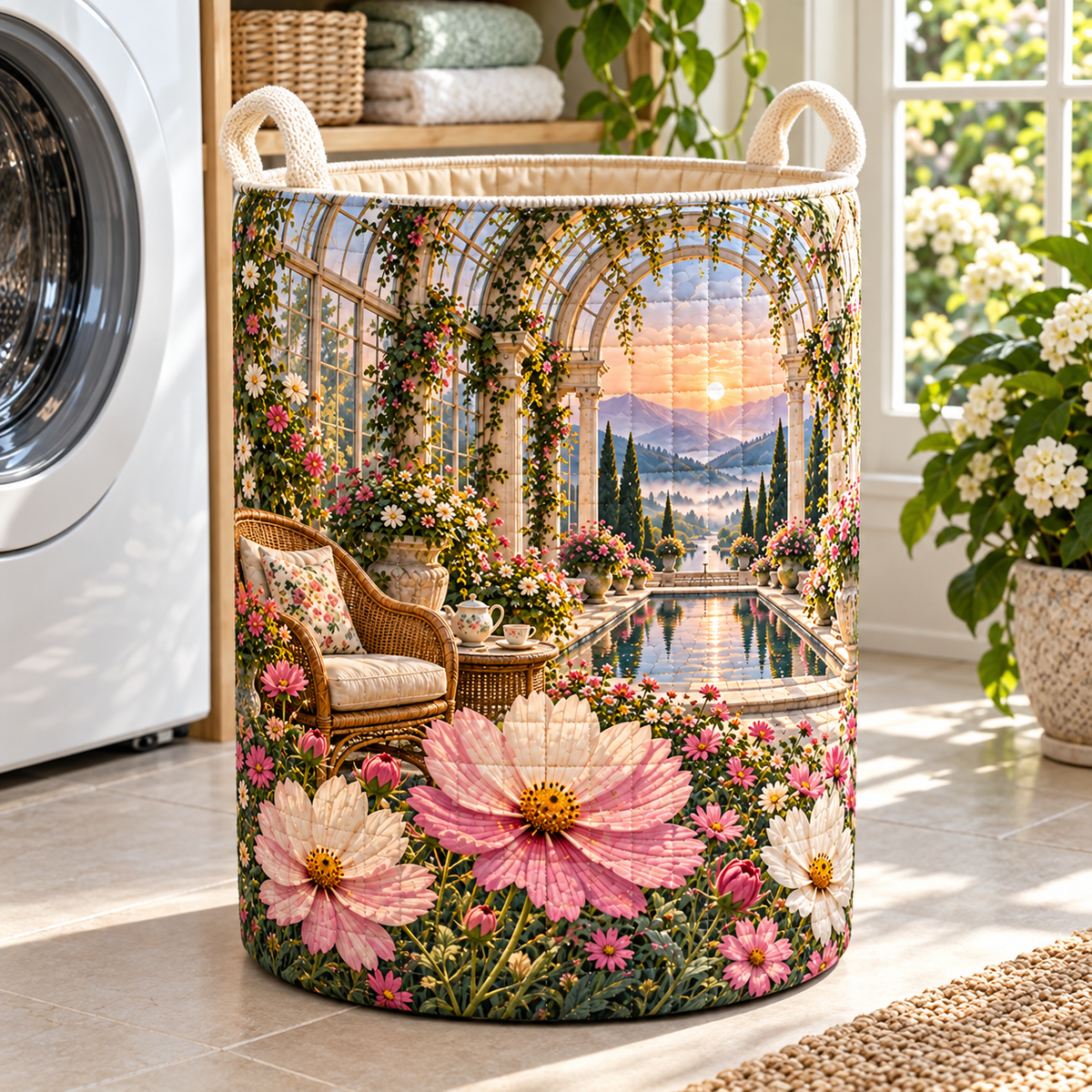 Cosmos Quiet Conservatory Laundry Hamper with flat printed cosmos quiet conservatory artwork in a complete use setting