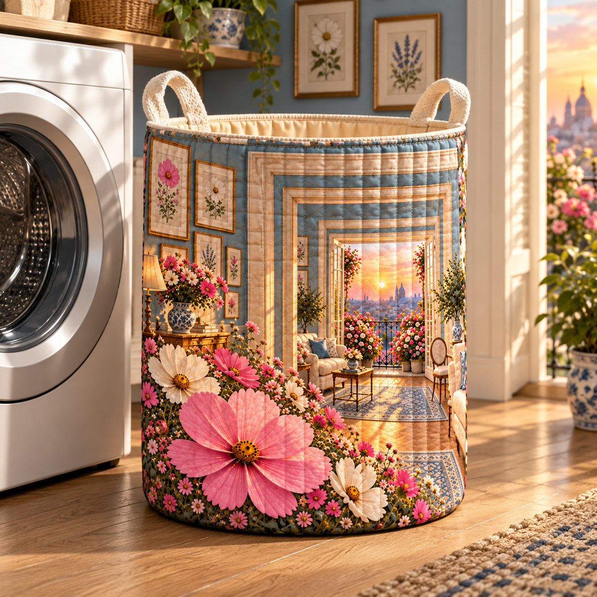 Cosmos Gallery Balcony Laundry Hamper with flat printed cosmos gallery balcony artwork in a complete use setting