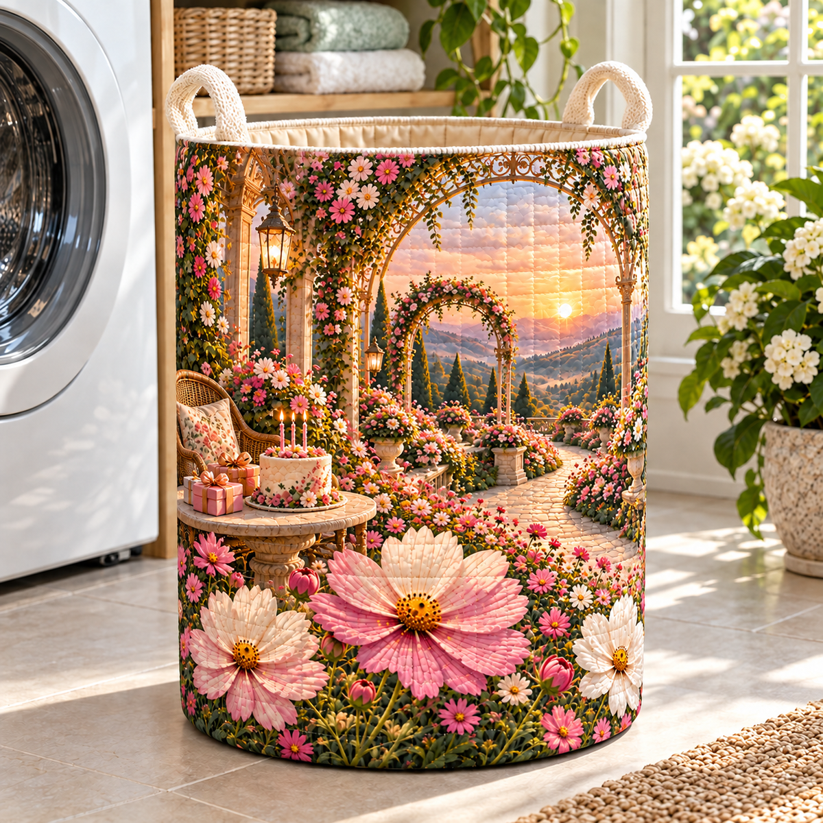 Cosmos Birthday Pavilion Laundry Hamper with flat printed cosmos birthday pavilion artwork in a complete use setting