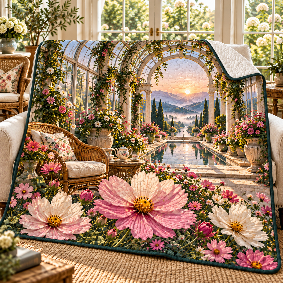Cosmos Quiet Conservatory Quilt Blanket with flat printed cosmos quiet conservatory artwork in a complete use setting