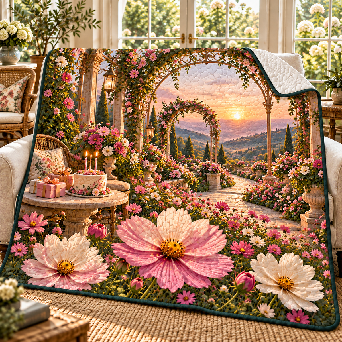 Cosmos Birthday Pavilion Quilt Blanket with flat printed cosmos birthday pavilion artwork in a complete use setting