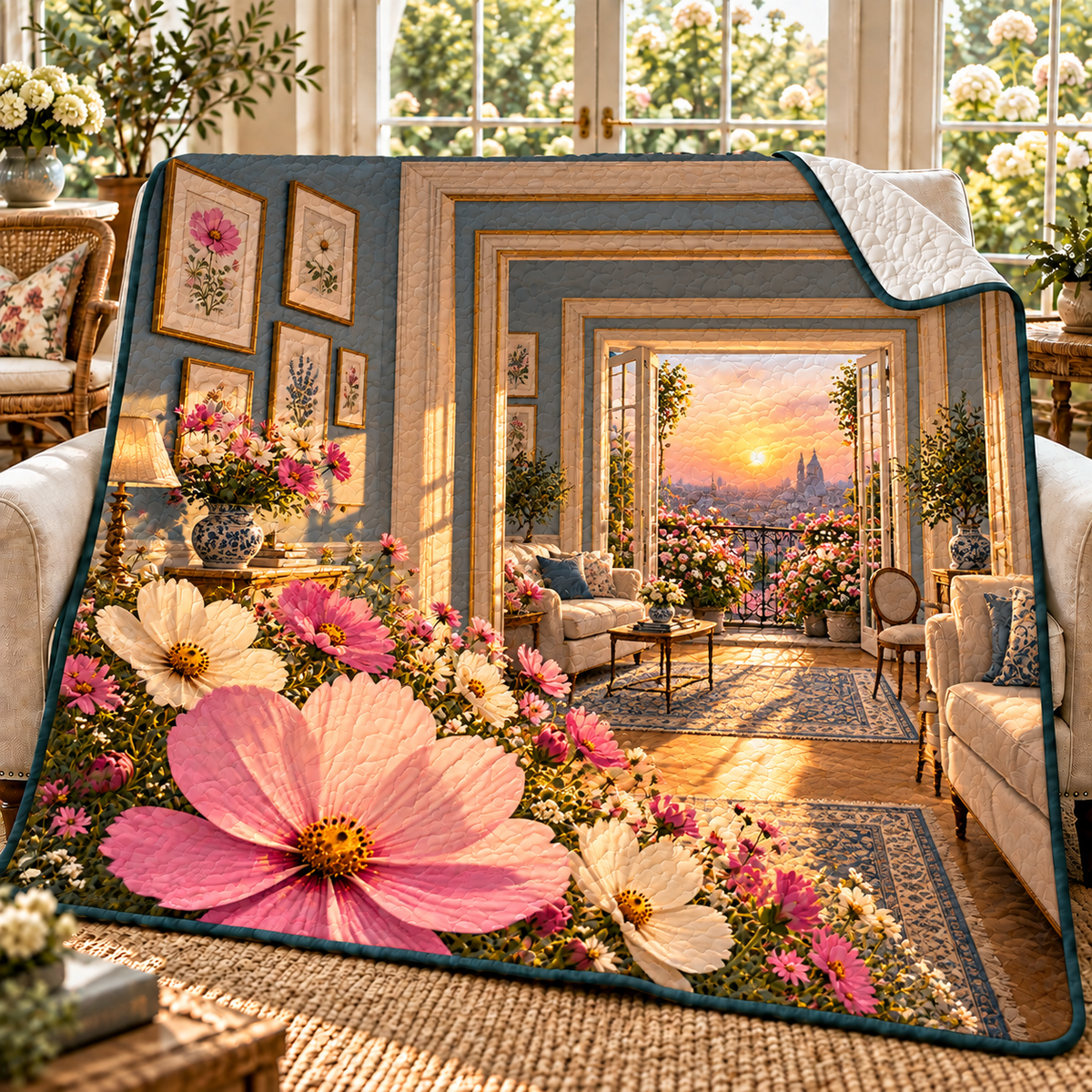 Cosmos Gallery Balcony Quilt Blanket with flat printed cosmos gallery balcony artwork in a complete use setting