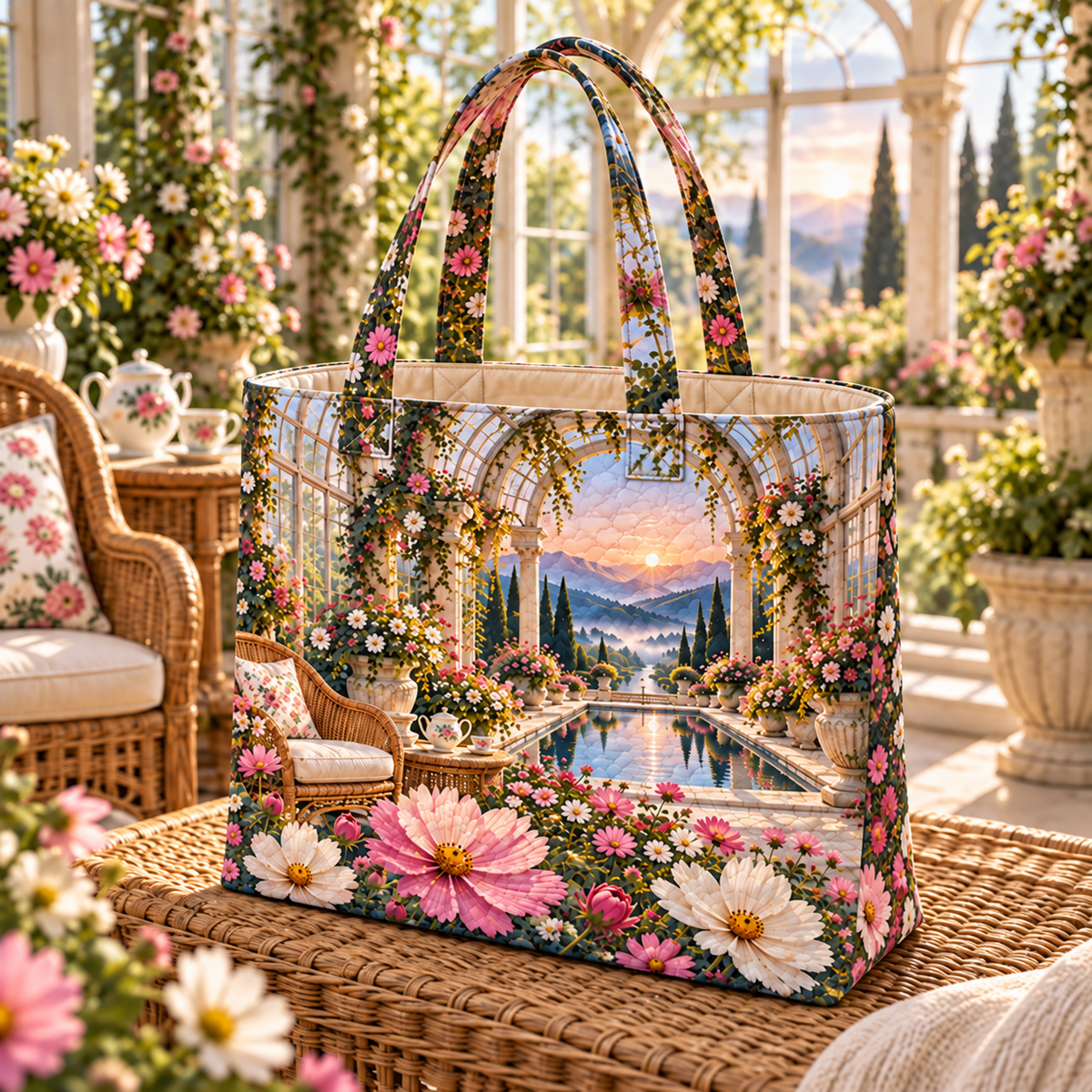 Cosmos Quiet Conservatory Quilted Tote Bag with flat printed cosmos quiet conservatory artwork in a complete use setting