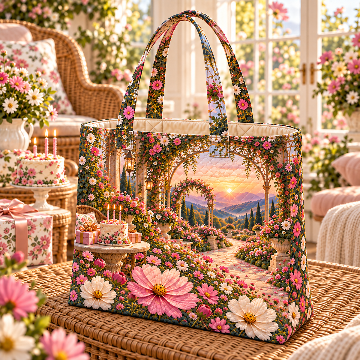 Cosmos Birthday Pavilion Quilted Tote Bag with flat printed cosmos birthday pavilion artwork in a complete use setting