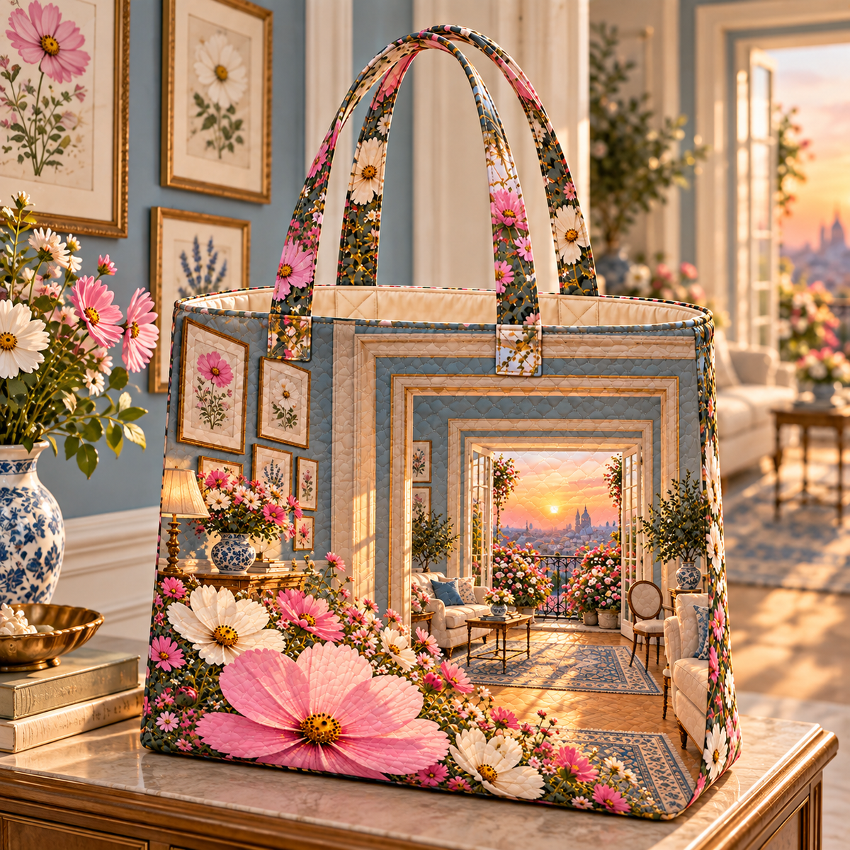 Cosmos Gallery Balcony Quilted Tote Bag with flat printed cosmos gallery balcony artwork in a complete use setting