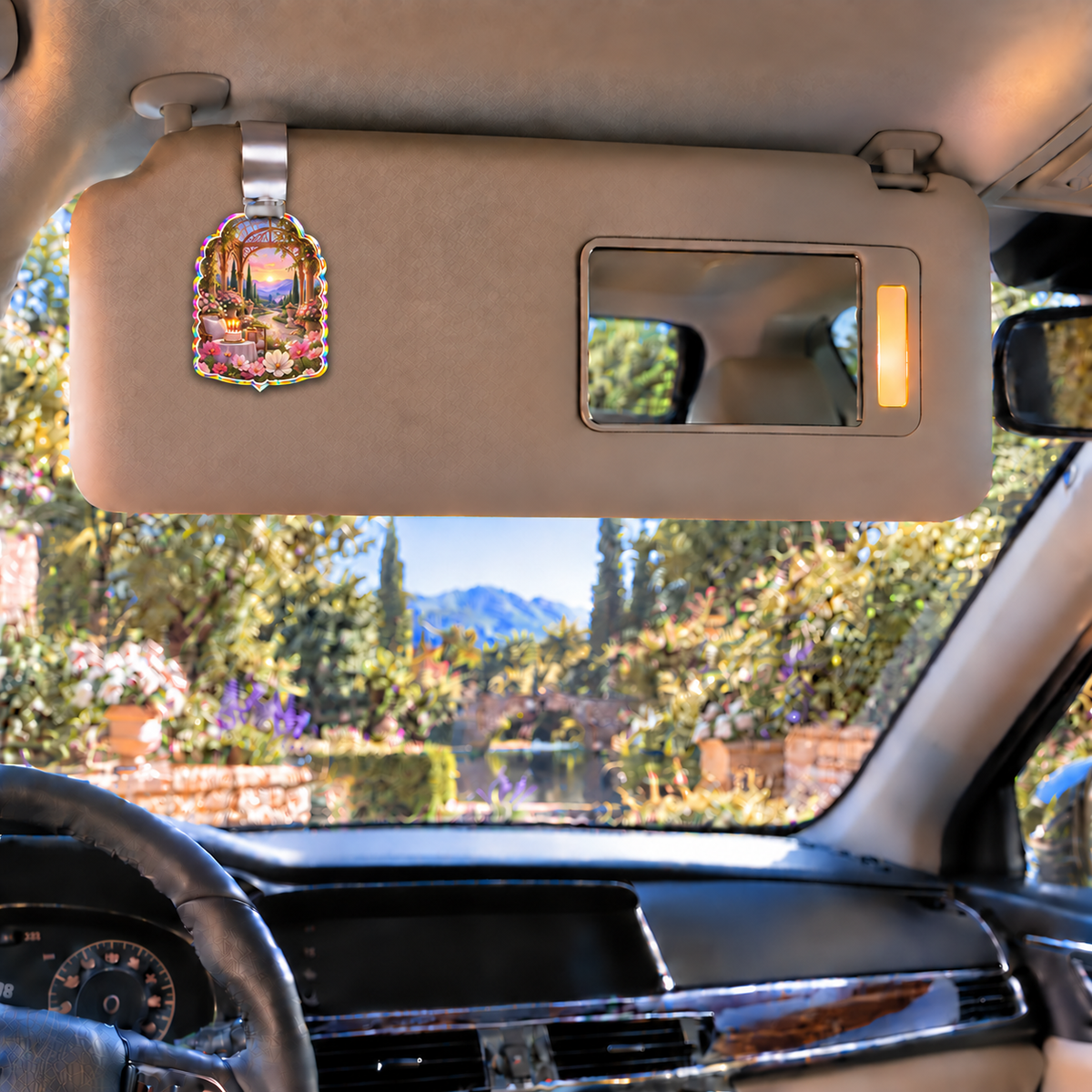 Cosmos Birthday Pavilion Holographic Car Visor Clip with flat printed cosmos birthday pavilion artwork in a complete use setting