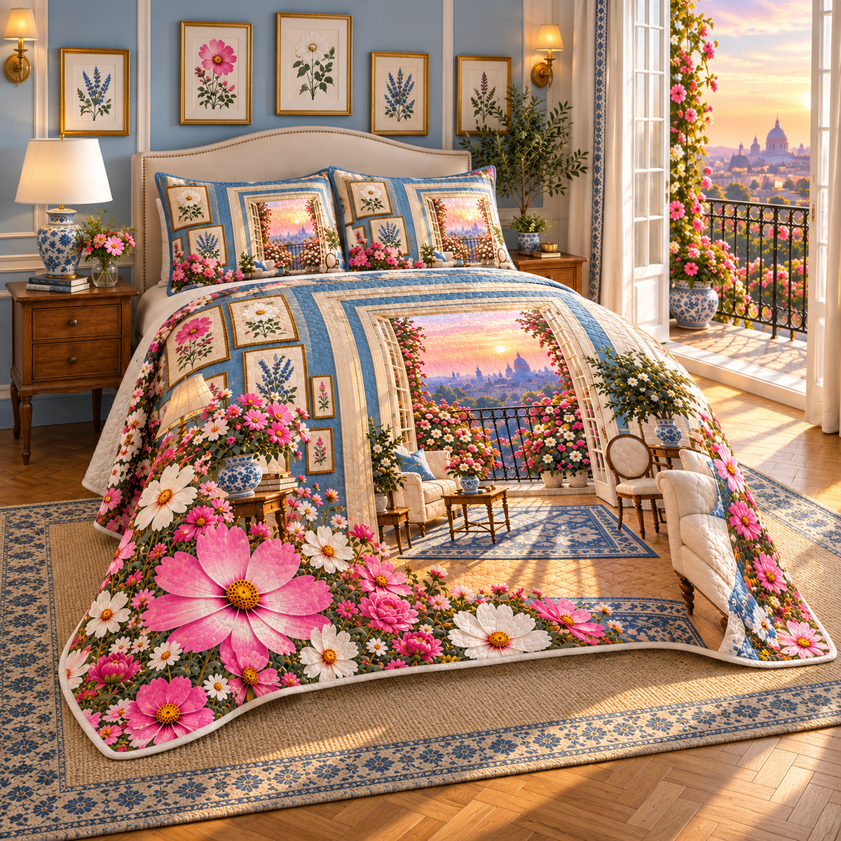 Cosmos Gallery Balcony Quilted Bedding Set with flat printed cosmos gallery balcony artwork in a complete use setting