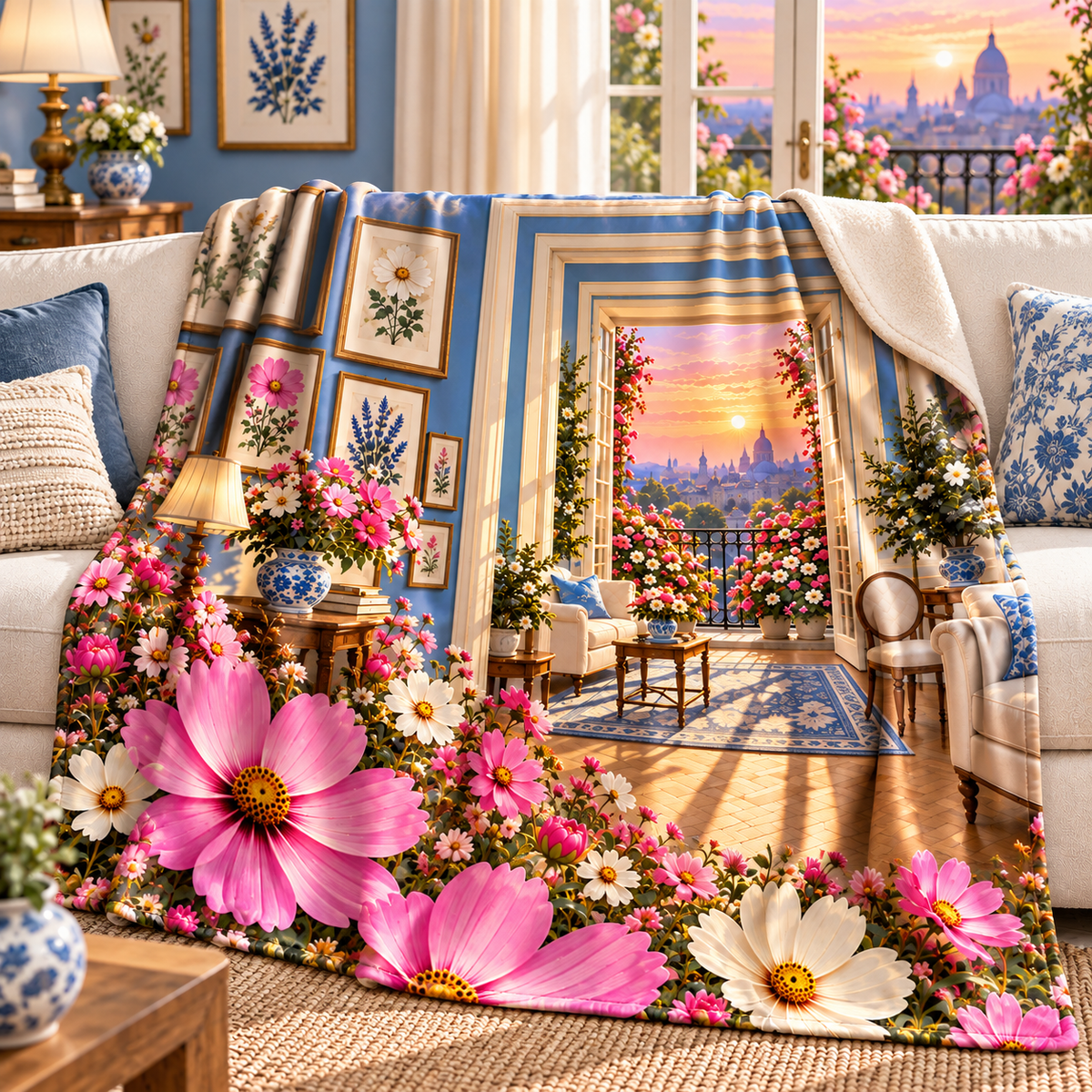 Cosmos Gallery Balcony Sherpa & Fleece Blanket with flat printed cosmos gallery balcony artwork in a complete use setting