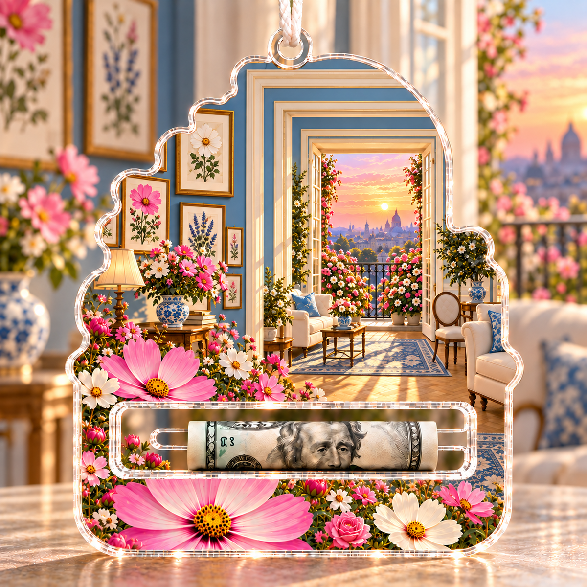 Cosmos Gallery Balcony Acrylic Cash Holder Ornament with flat printed cosmos gallery balcony artwork in a complete use setting