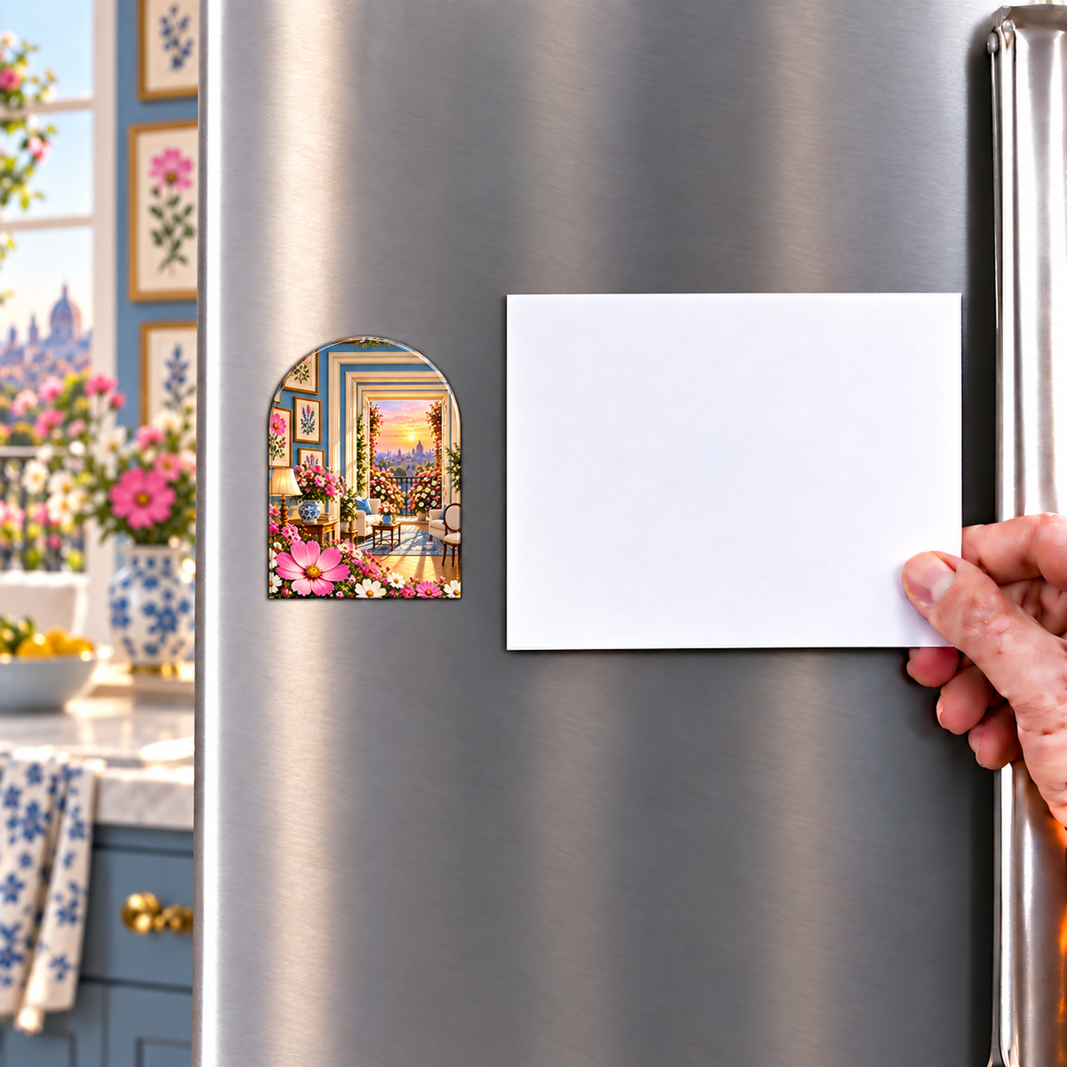 Cosmos Gallery Balcony Acrylic Refrigerator Magnet with flat printed cosmos gallery balcony artwork in a complete use setting