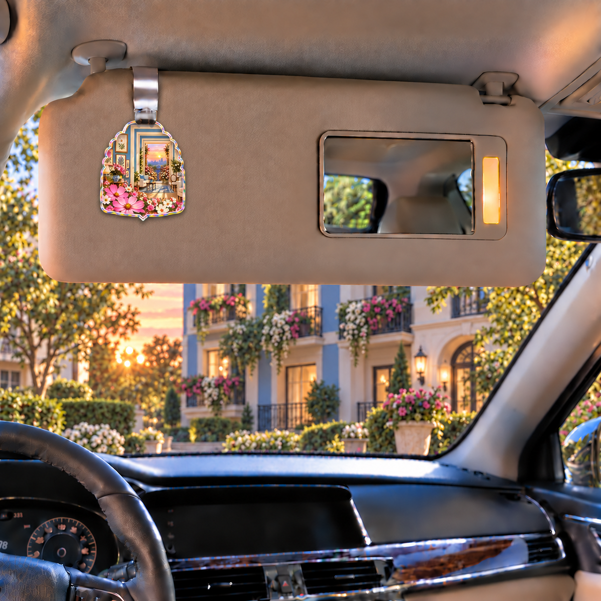 Cosmos Gallery Balcony Holographic Car Visor Clip with flat printed cosmos gallery balcony artwork in a complete use setting