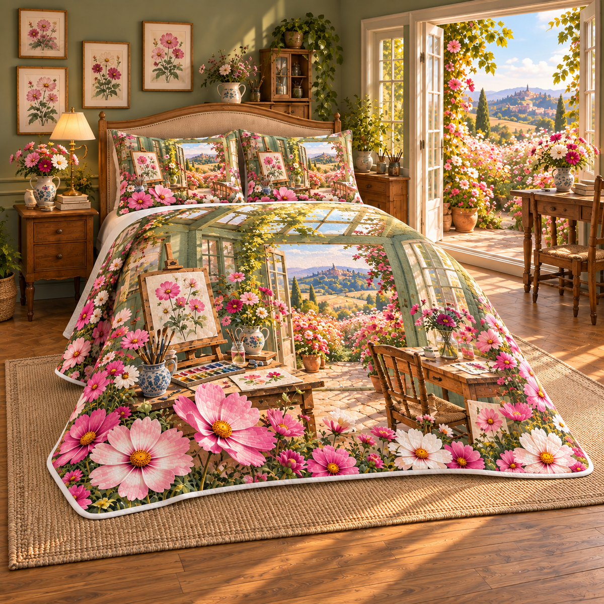Cosmos Painting Atelier Quilted Bedding Set with flat printed cosmos painting atelier artwork in a complete use setting