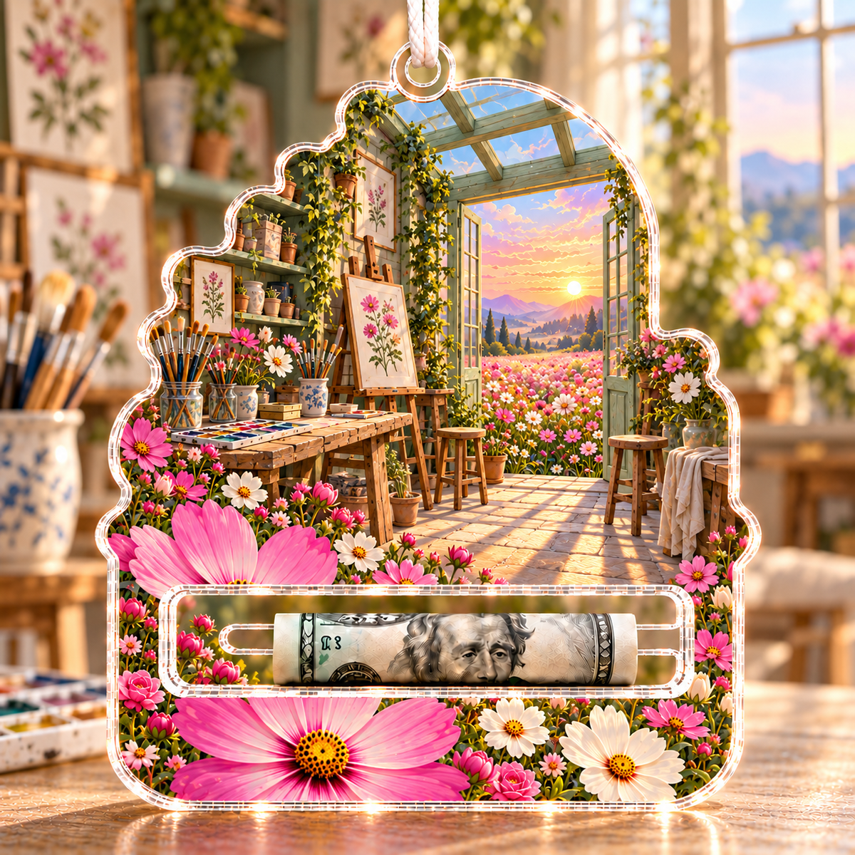 Cosmos Painting Atelier Acrylic Cash Holder Ornament with flat printed cosmos painting atelier artwork in a complete use setting