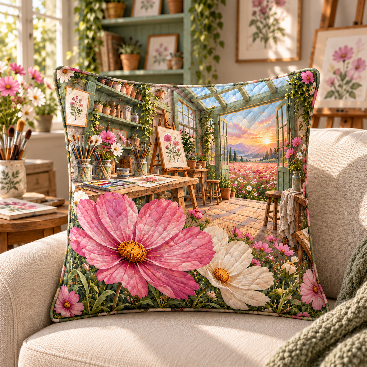 Cosmos Painting Atelier Quilted Cushion Cover with flat printed cosmos painting atelier artwork in a complete use setting