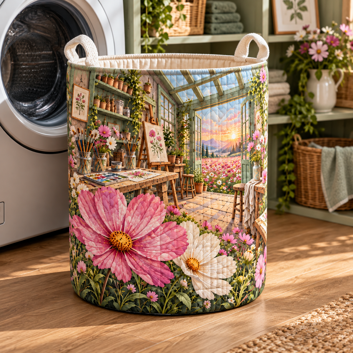 Cosmos Painting Atelier Laundry Hamper with flat printed cosmos painting atelier artwork in a complete use setting