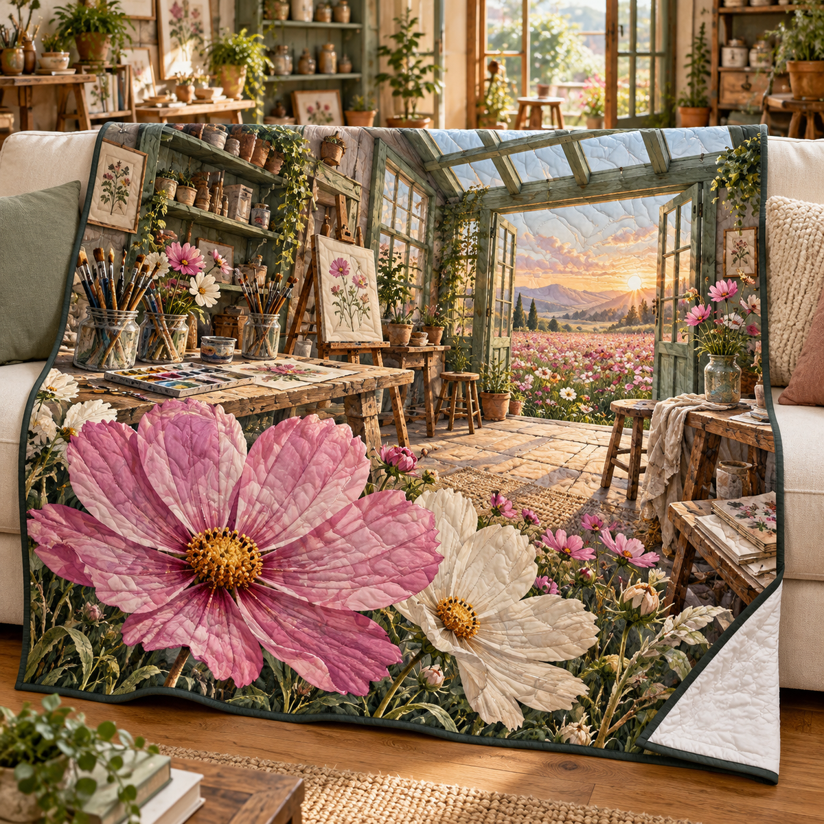 Cosmos Painting Atelier Quilt Blanket with flat printed cosmos painting atelier artwork in a complete use setting