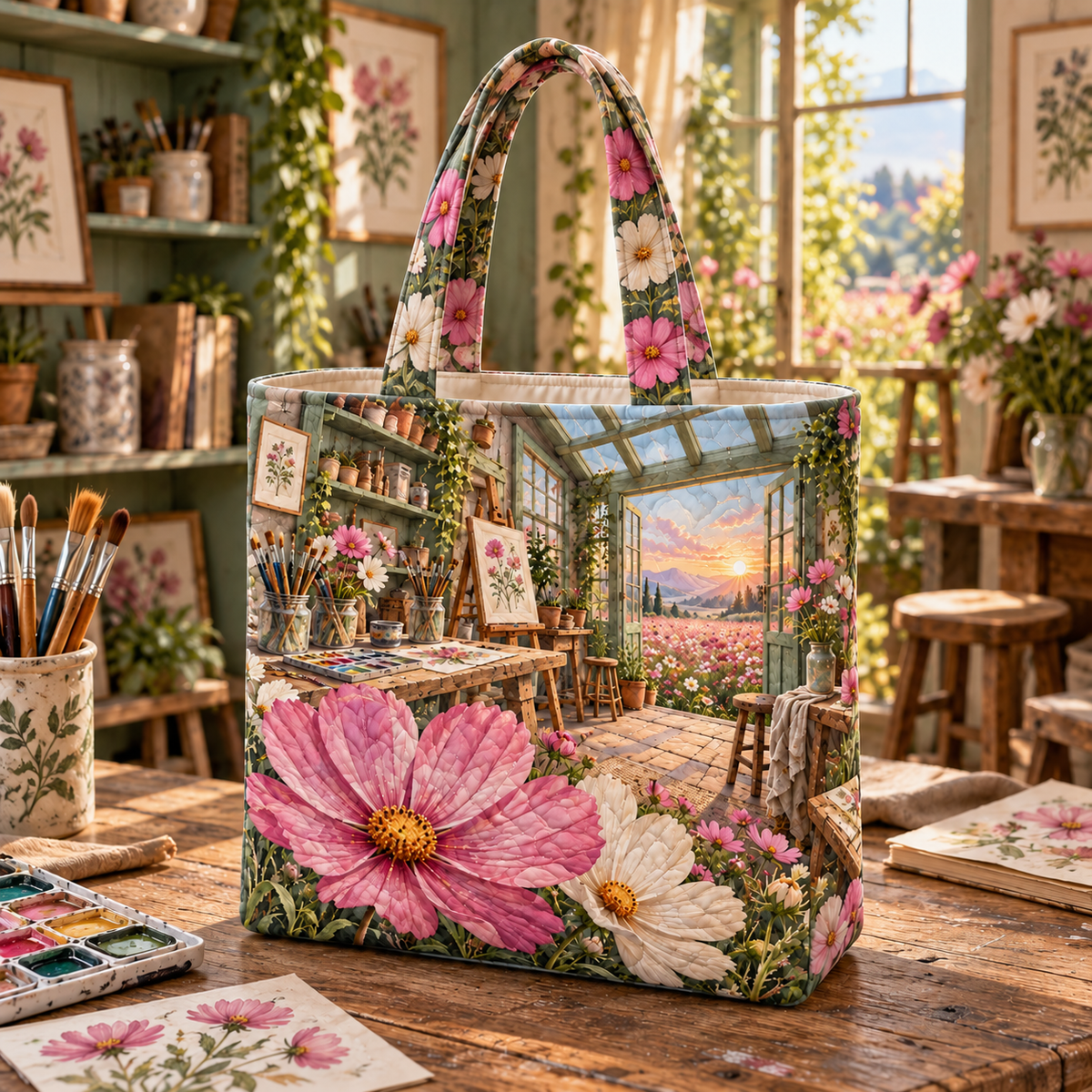 Cosmos Painting Atelier Quilted Tote Bag with flat printed cosmos painting atelier artwork in a complete use setting