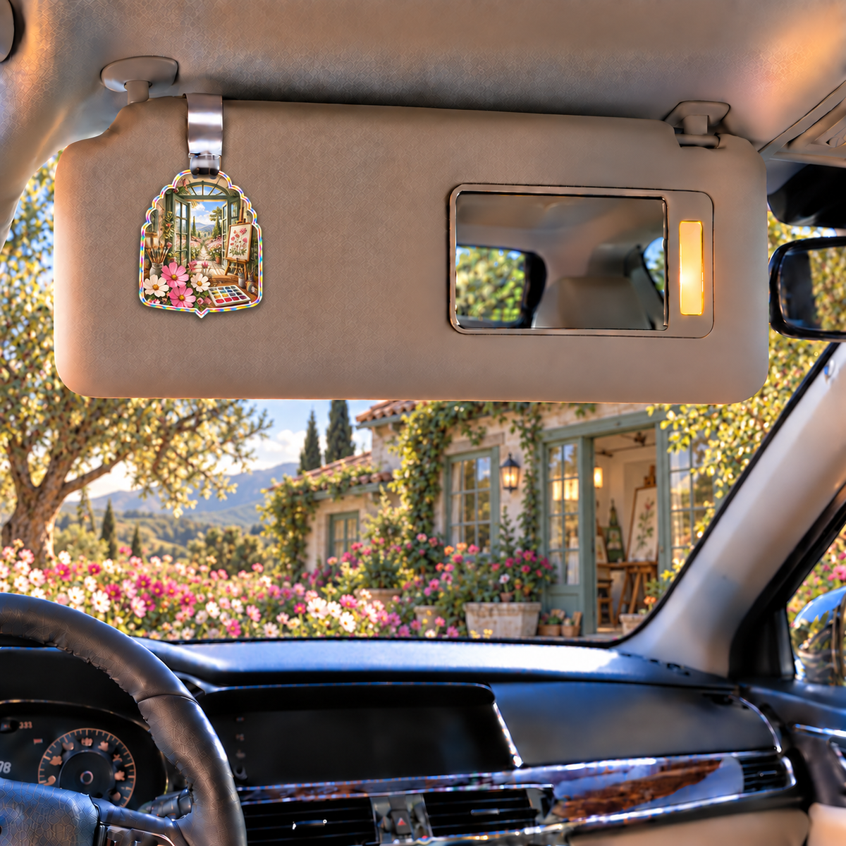 Cosmos Painting Atelier Holographic Car Visor Clip with flat printed cosmos painting atelier artwork in a complete use setting
