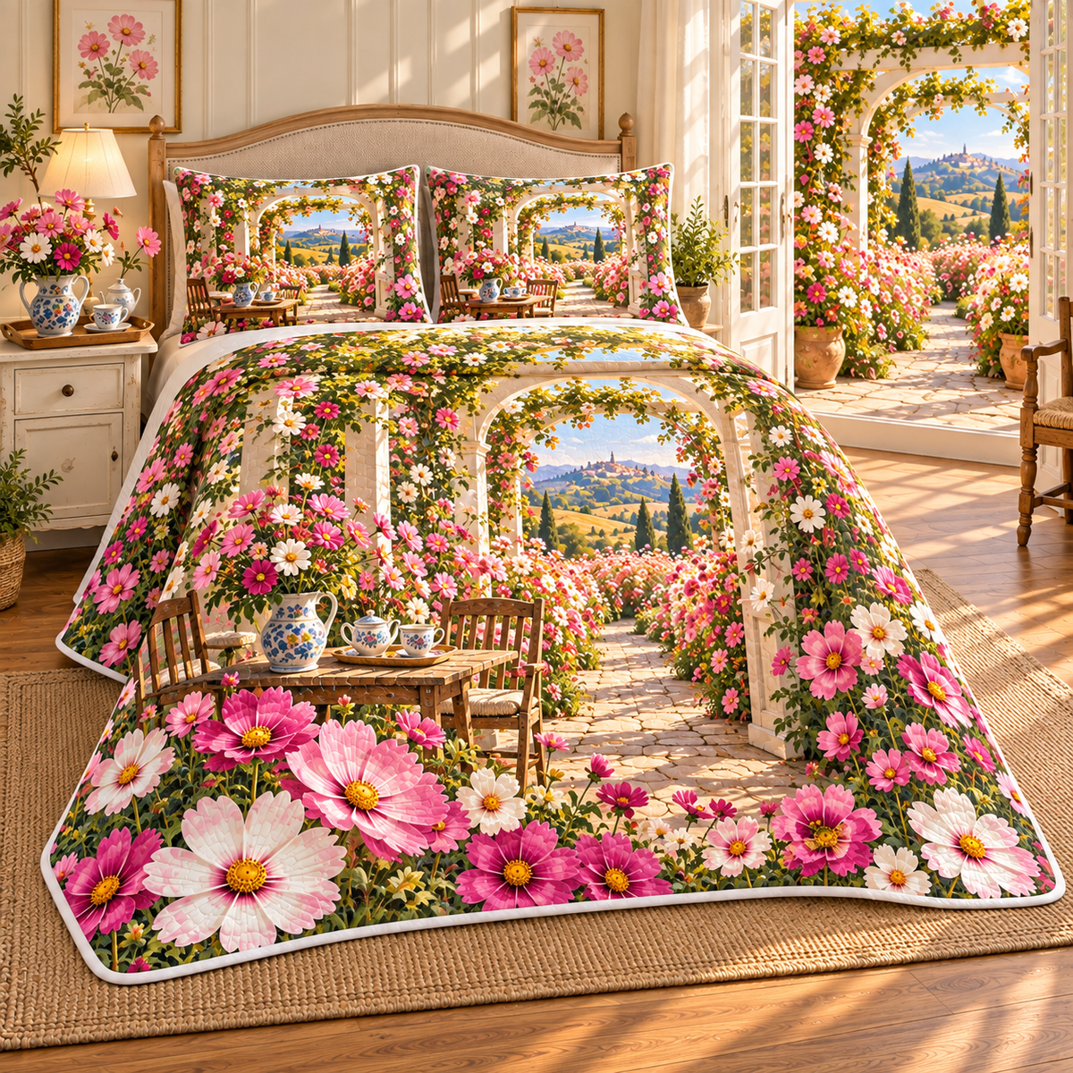 Cosmos Garden Hospitality Quilted Bedding Set with flat printed cosmos garden hospitality artwork in a complete use setting