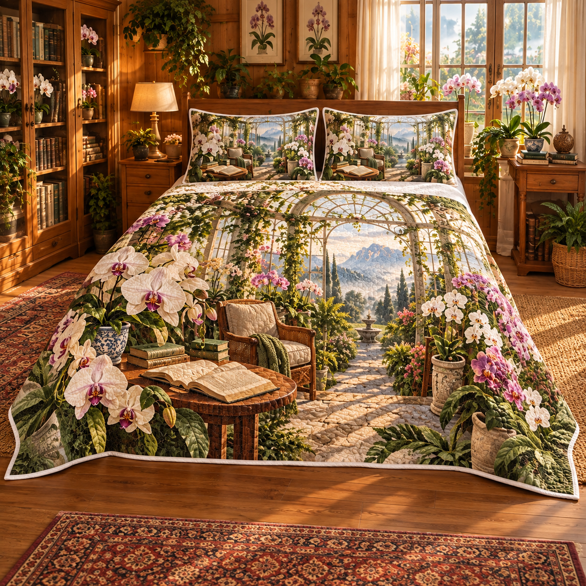 Orchid Conservatory Reading Quilted Bedding Set with flat printed orchid conservatory reading artwork in a complete use setting