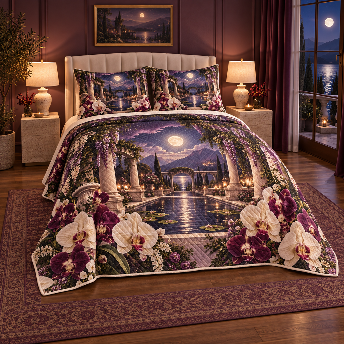 Orchid Moonlit Sanctuary Quilted Bedding Set with flat printed orchid moonlit sanctuary artwork in a complete use setting