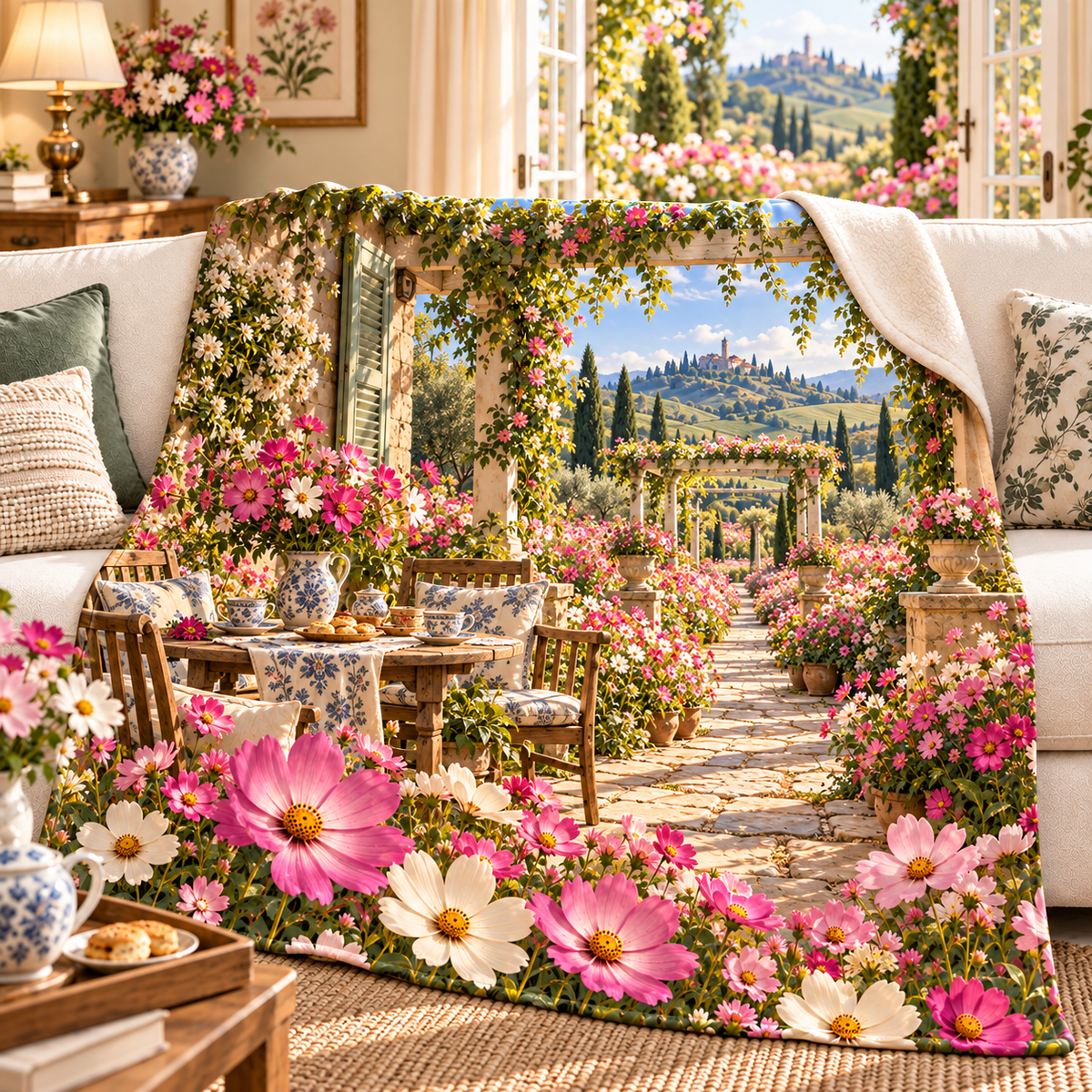 Cosmos Garden Hospitality Sherpa & Fleece Blanket with flat printed cosmos garden hospitality artwork in a complete use setting
