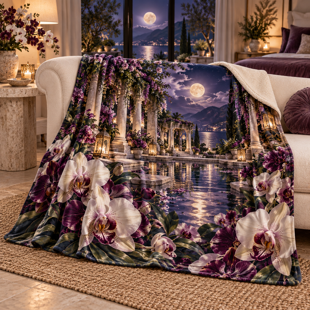 Orchid Moonlit Sanctuary Sherpa & Fleece Blanket with flat printed orchid moonlit sanctuary artwork in a complete use setting