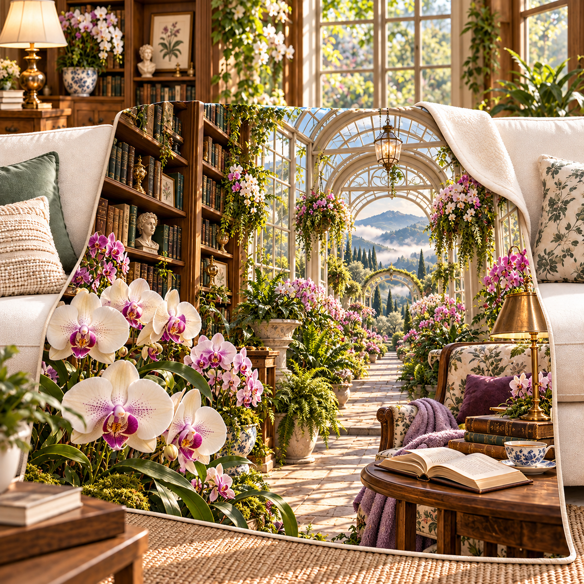 Orchid Conservatory Reading Sherpa & Fleece Blanket with flat printed orchid conservatory reading artwork in a complete use setting