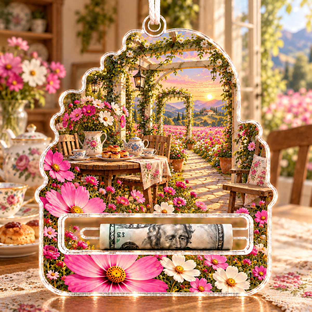 Cosmos Garden Hospitality Acrylic Cash Holder Ornament with flat printed cosmos garden hospitality artwork in a complete use setting