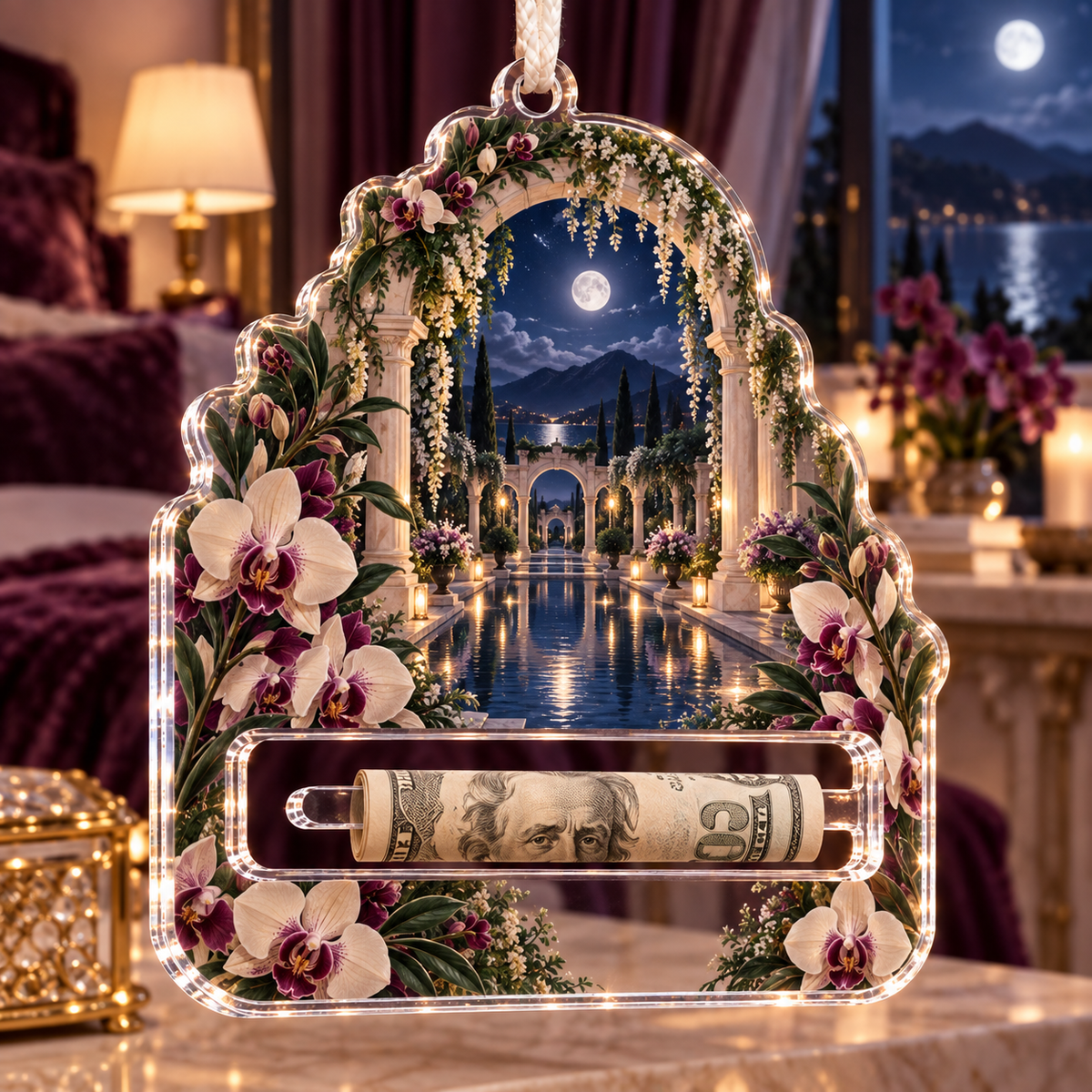 Orchid Moonlit Sanctuary Acrylic Cash Holder Ornament with flat printed orchid moonlit sanctuary artwork in a complete use setting