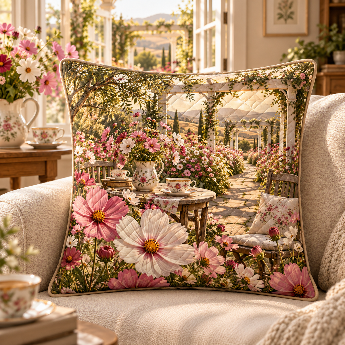 Cosmos Garden Hospitality Quilted Cushion Cover with flat printed cosmos garden hospitality artwork in a complete use setting