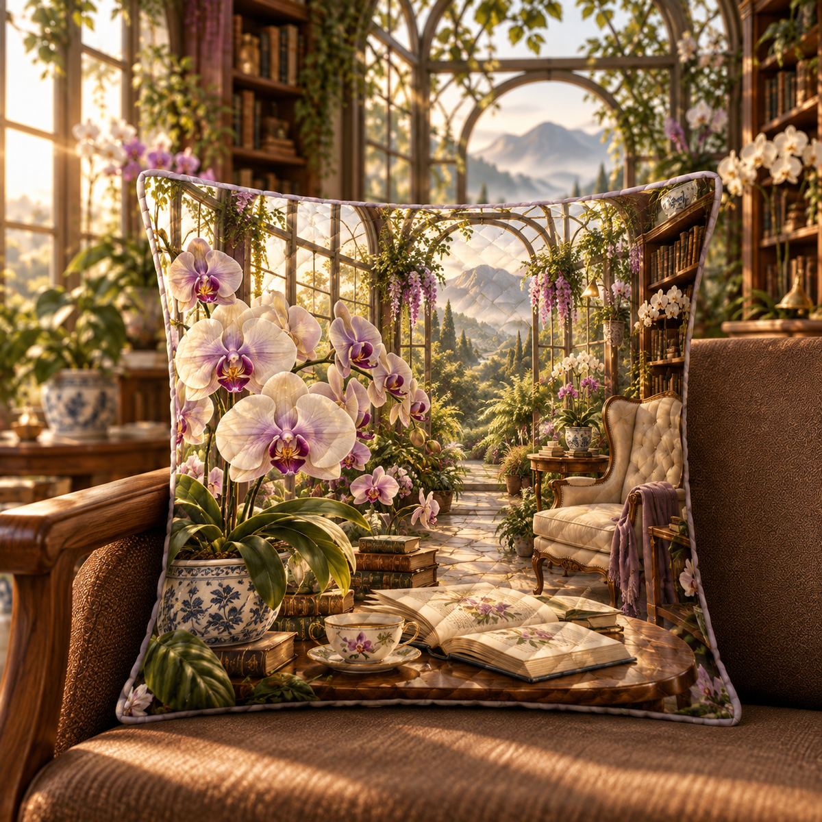Orchid Conservatory Reading Quilted Cushion Cover with flat printed orchid conservatory reading artwork in a complete use setting